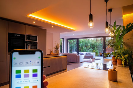 A stylish kitchen features smart tech on display while warm lights create an inviting ambience in the evening.の素材