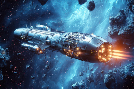 A sleek spaceship maneuvers through an asteroid field, emitting bright engine flames in deep space.の素材