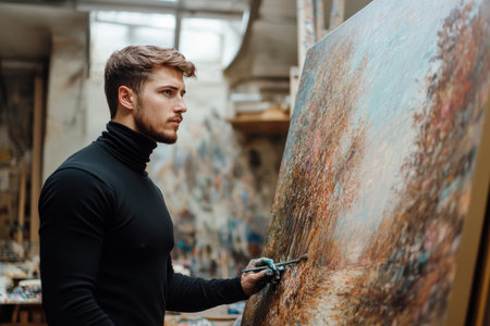 A man in a black turtleneck is focused on painting a bright landscape in an art studio filled with materials.の素材