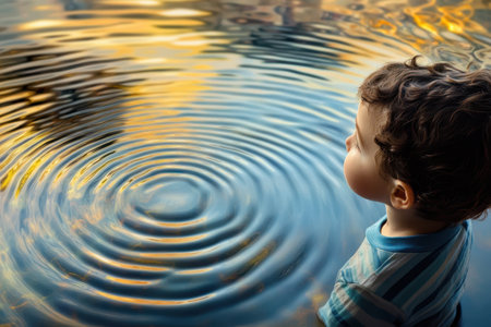 A young child observes the beautiful ripples created in calm water as the sun sets, illuminating the scene.の素材