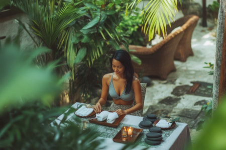Woman arranges towels and stones at a spa table surrounded by tropical plants in a calming atmosphere.の素材