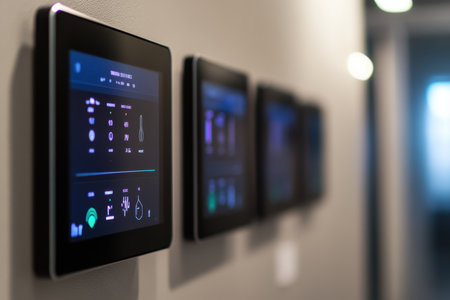 Smart control panels display various functions, enhancing automation and comfort in a contemporary space.の素材