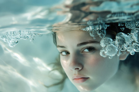 A girl with long hair is submerged in clear water, gazing thoughtfully while bubbles rise around her face.の素材
