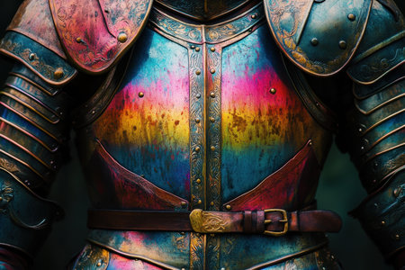 A striking suit of medieval armor displays vivid colors and detailed craftsmanship at a reenactment event.の素材