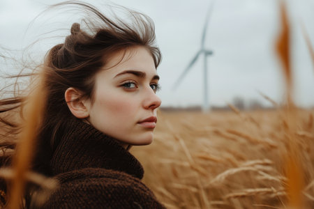 A young woman stands in a golden field, her hair blowing in the wind, looking off into the distance.の素材
