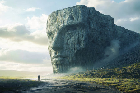A solitary figure faces a colossal stone visage amidst a foggy, barren terrain as dawn breaks.の素材