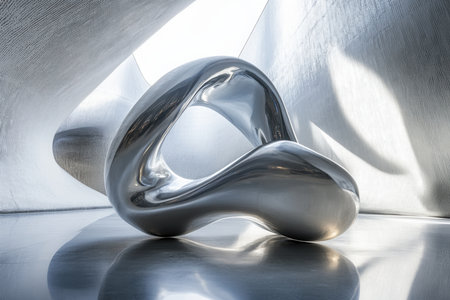 An abstract metallic sculpture sits in a spacious area, illuminated by natural light and showing smooth reflections.の素材