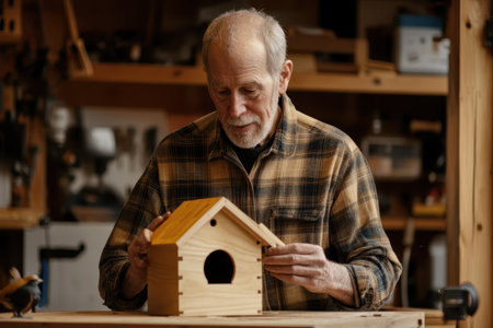 An experienced craftsman carefully assembles a wooden birdhouse in his well-equipped workshop.の素材