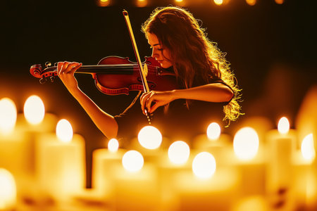 A violinist plays a captivating melody, illuminated by warm candlelight in a serene atmosphere.の素材
