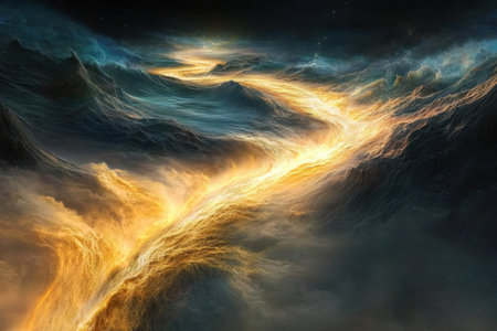 A mesmerizing golden river meanders through a dark cosmic environment filled with swirling clouds and stars.の素材