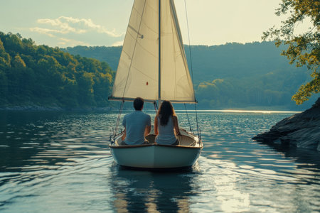 Two friends sail on a serene lake surrounded by lush forests, enjoying a peaceful evening at sunset.の素材