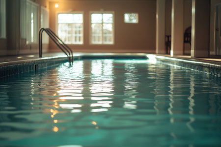 Water in an indoor swimming pool gently ripples under natural light from large windows.の素材