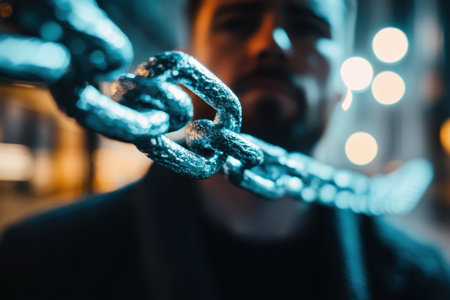 A man stands in focus holding a shiny chain while city lights create a colorful blur in the background.の素材