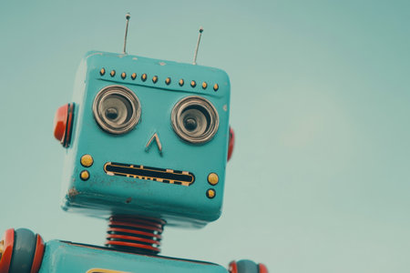 A whimsical vintage toy robot stands out with its expressive eyes and colorful features, captured outdoors.の素材