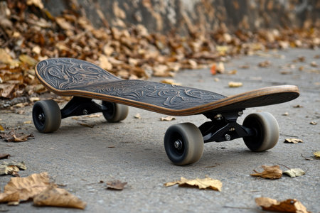 A stylish skateboard lies on a concrete surface covered with fallen leaves, hinting at a serene park setting.の素材
