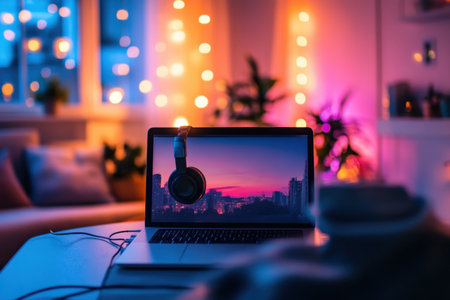 A warm study area features a laptop with a vibrant sunset scene on the screen and soft lighting.の素材