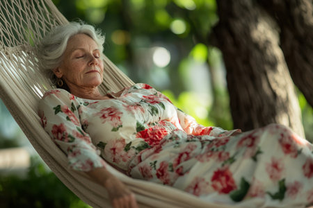 A woman enjoys a peaceful moment in a hammock, wearing a floral dress, beneath lush trees in a tranquil setting.の素材