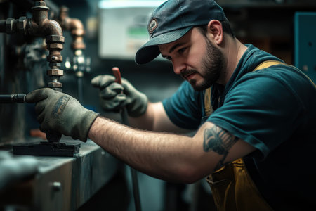 A focused artisan is engaged in plumbing work, adjusting valves and pipes in a well-equipped workshop.の素材