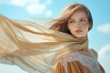 Young woman stands outdoors, her hair and scarf billowing in the wind under a clear sky.の素材