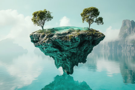 A serene floating island hosts two trees above turquoise waters, reflecting a tranquil atmosphere and surrounding mist.の素材