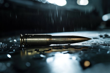 A bullet rests on a damp surface, reflecting soft light from above while rain softly falls around it.の素材