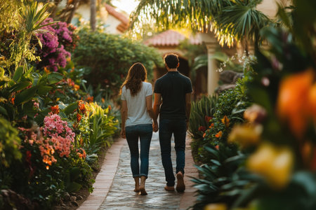 A couple strolls through a beautifully landscaped garden, surrounded by colorful flowers and greenery.の素材