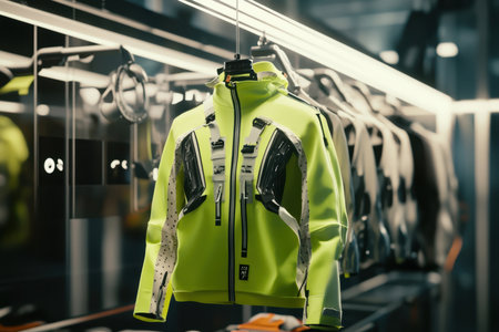 A bright yellow jacket is showcased on a hanger in a contemporary store setting with stylish displays.の素材