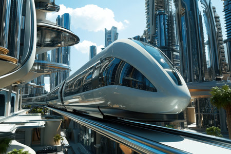 A sleek train glides above a modern city, surrounded by towering glass buildings under a bright sky.の素材