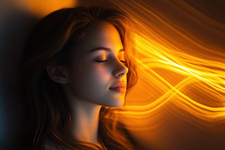 A woman relaxes with her eyes closed, gently illuminated by warm golden light, creating a peaceful atmosphere.の素材