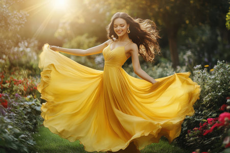 A joyful young woman spins in a vibrant yellow dress in a blooming garden filled with colorful flowers.の素材