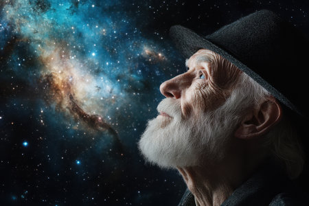 An elderly man in a hat gazes up with wonder at a night sky vibrant with stars and colorful galaxies.の素材