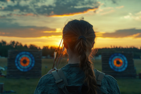 Archer prepares to shoot arrows toward targets as the sun sets behind a beautiful natural backdrop.の素材