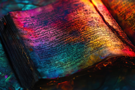 An ornate manuscript sits on a reflective surface, vibrant colors illuminating its intricate text and designs.の素材