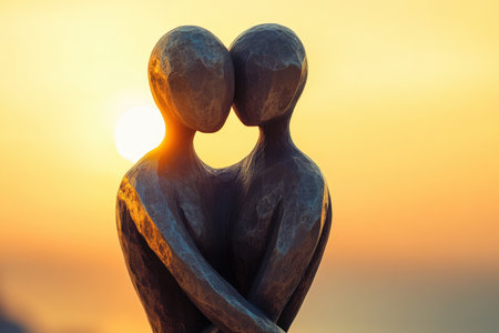 A beautiful sculpture features two figures in a loving embrace, illuminated by a warm sunset glow.の素材