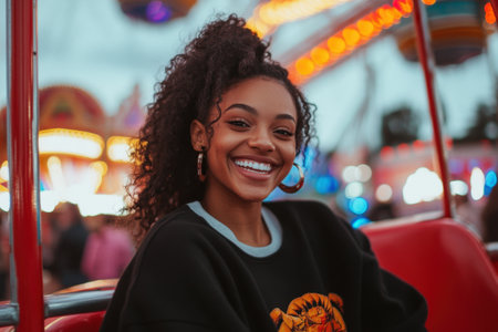 Young woman with curly hair beams with joy while seated on a carnival ride at dusk.の素材