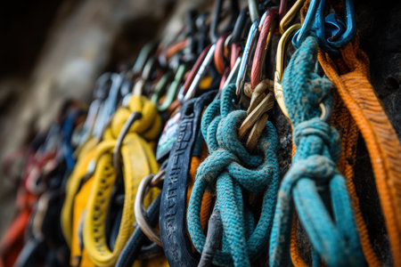 Colorful climbing gear is arranged on a wall, showing essential equipment for rock climbing activities.の素材