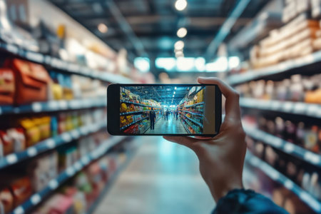 Hand holding a smartphone takes a picture of a grocery store aisle filled with products and shelves.の素材