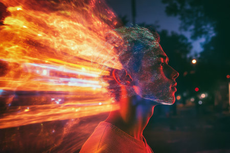 A young man stands still as vibrant light trails burst around him during the evening hours.の素材