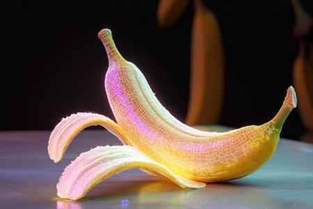 A banana sits on a table with its peel partially opened, glowing in neon hues against a dark backdrop.の素材