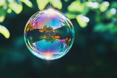 A vibrant soap bubble hovers, reflecting lush greenery and sunlight in a tranquil garden setting.の素材