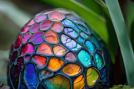 A beautifully crafted sphere with colorful designs lies among lush green plants under natural light.の素材