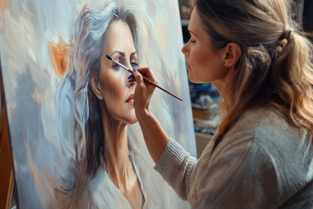 A skilled artist focuses on painting a woman's portrait in her artistic studio filled with inspiration.の素材