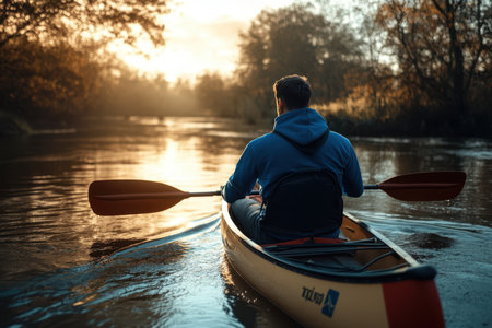 A kayaker in a blue hoodie navigates a calm river, surrounded by trees as the sun sets, creating a tranquil atmosphere.の素材