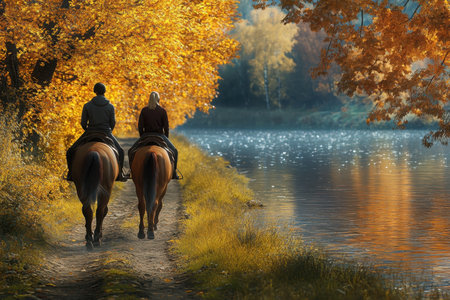 Two riders on horseback stroll along a tranquil riverbank surrounded by vibrant autumn foliage.の素材