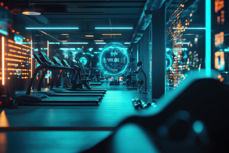 Energetic atmosphere in a high-tech gym featuring glowing equipment and digital displays for fitness tracking.の素材