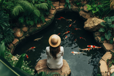 A person sits peacefully on a rock, watching colorful koi fish swim in a tranquil pond, surrounded by plants.の素材