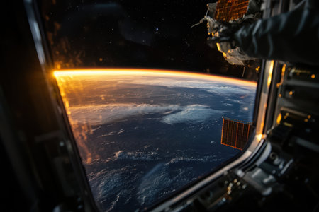 A beautiful view of Earth at sunrise from inside a spacecraft, showing colorful clouds and horizon.の素材