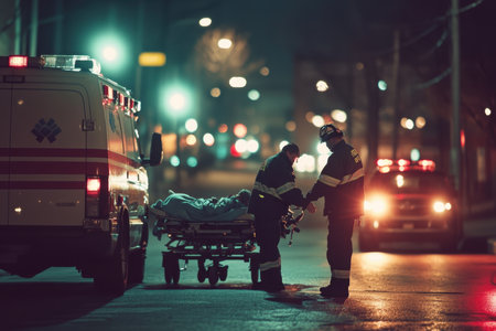 Paramedics provide aid to a patient on a stretcher in a quiet urban area at night.の素材
