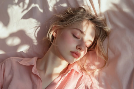 A young woman lies on her side, eyes closed, wrapped in soft linens with warm sunlight filtering through.の素材