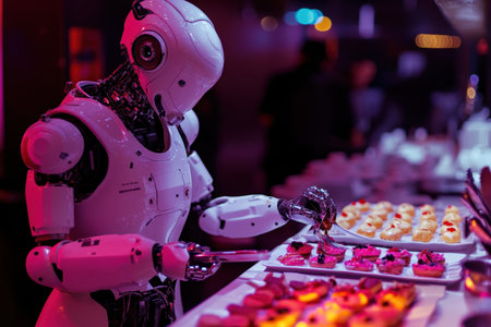 A robot delicately arranges various desserts on a serving platter at a lively event with bright lighting.の素材